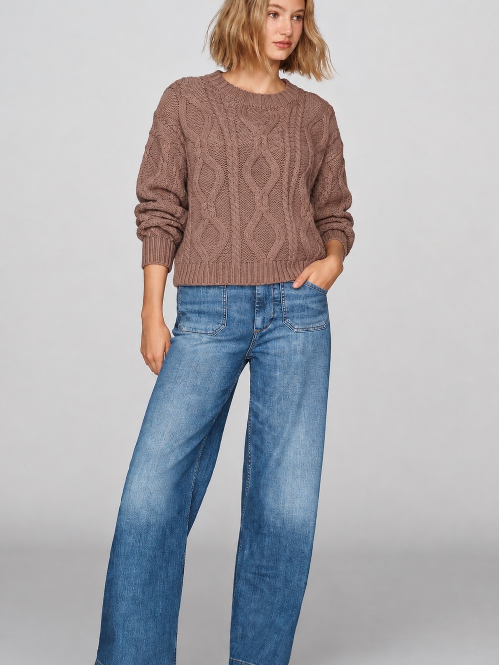 Chunky Cable Knit Crewneck Sweater - Taupe
